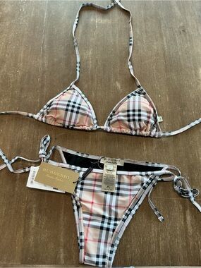 Burberry Plaid String Triangle Bikini Set - Beige/Black/Red